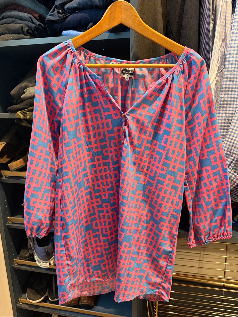 Mud Pie Blue and Pink Geometric Peasant Tunic